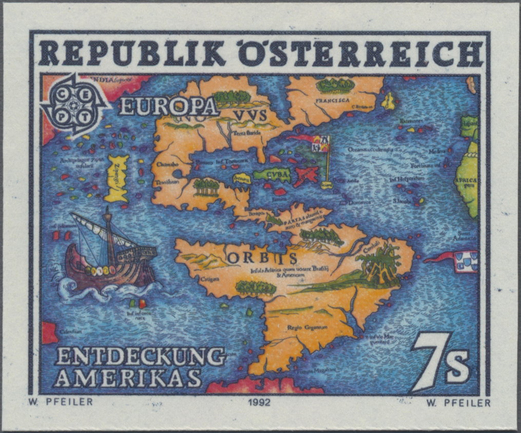 1992, 7 S, Europa CEPT, 500 Jahre Entdeckung Amerikas, Abbildung: Landkarte aus dem 16. Jahrhundert
