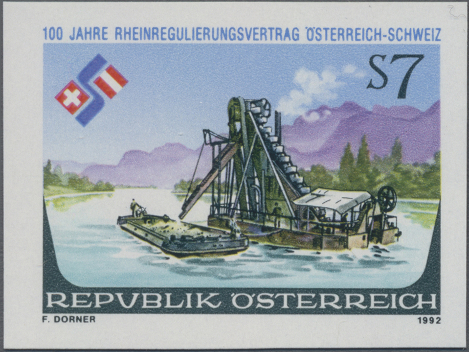 1992, 7 S, 100 Jahre Rheinregulierungsvertrag zwischen der Schweiz und Österreich, Abbildung: Schwimmbagger auf dem Rhein