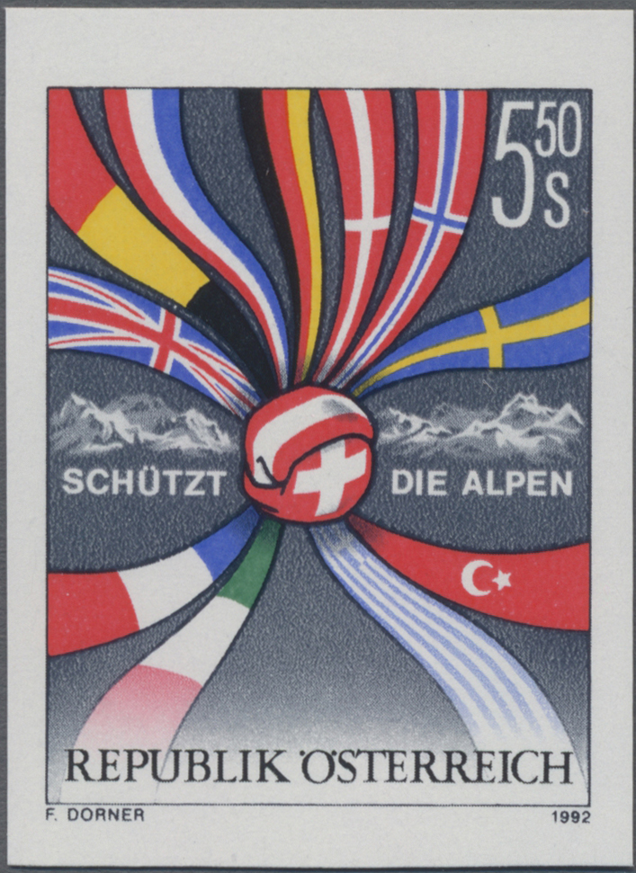 1992, 5, 50 S, Schützt die Alpen, Abbildung: Alpen, Flaggen europäischer Länder