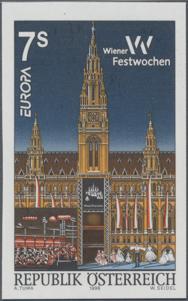 1998, 7 S, Europa, Thematik: Nationale Feste und Feiertage, Wiener Festwochen, Abbildung: Tanz und Flaggen vor dem Wiener Rathaus