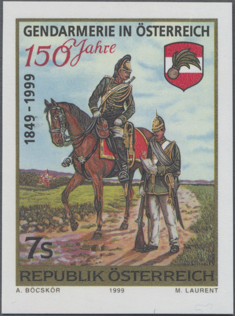 1999, 7 S, 150 Jahre Bundesgendamerie, Abbildung: zwei Gendarmen in historische Uniform, davon einer zu Pferd
