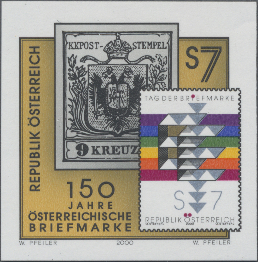 2000, 7 S, 150 Jahre österreichische Briefmarken, Abbildung: 9 Kreuzer von 1850 und die Marke von Tag der Briefmarke 2000
