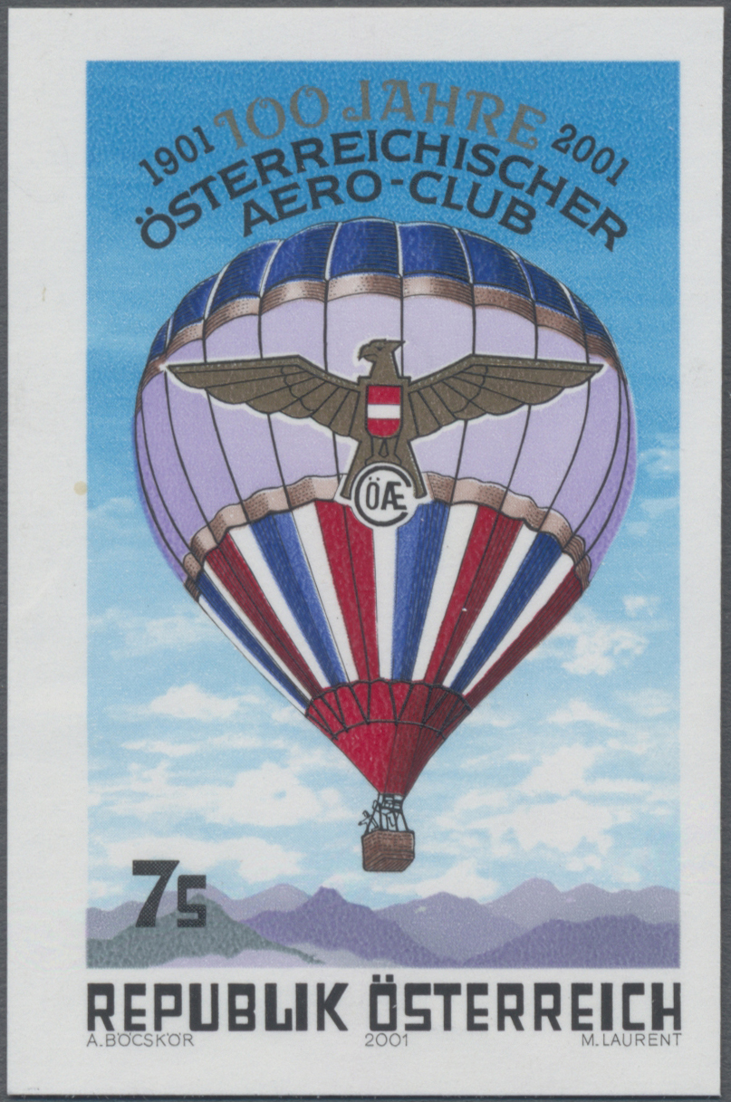 2001, 7 S, 100 Jahre Österreichischer Aero - Club ´ÖAeC´, Abbildung: Ballon mit ÖAeC - Emblem, Berge