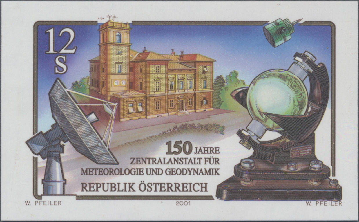 2001, 12 S, 150 Jahre Zentralanstalt für Meteorologie und Geodynamik, Abbildung: Gebäude der Anstalt, Satellit und Erdfunkstelle, Sonnenstundenzähler