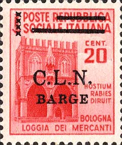 Serie monumenti distrutti sovrastampata C.L.N. BARGE - Loggia dei mercanti, a Bologna