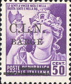 Serie monumenti distrutti sovrastampata C.L.N. BARGE - Italia repubblicana fascista