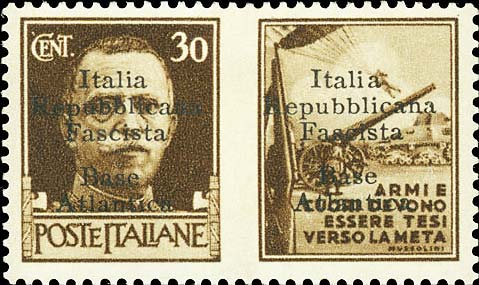 Propaganda di guerra sovrastampati Italia repubblicana fascista in carattere largo - Armi e cuori devono essere tesi verso la meta