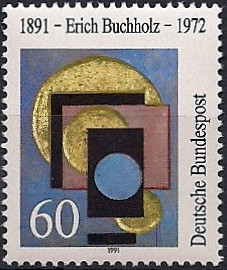 Holzreliefplatte Drei Goldkreise mit Vollkreis blau: deutsche Briefmarke von 1991 zum 100. Geburtstag des Künstlers