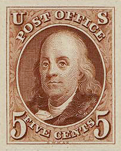 Ben Franklin (Red Brown) 5 Cents (Scott #1) U.S. Post Office, 1847