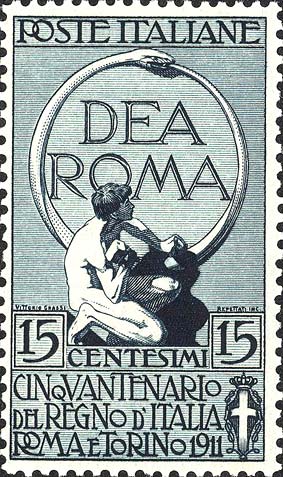 50º anniversario del regno d´Italia - Scritta Dea Roma e uomo che scolpisce il simbolo dell´eternità