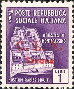 Serie monumenti distrutti sovrastampata C.L.N. Savona - Abbazia di Montecassino