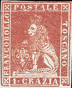 1857 - Marzocco, filigrana rr poste toscane - 1 crazia