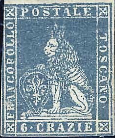 1857 - Marzocco, filigrana rr poste toscane - 6 crazie