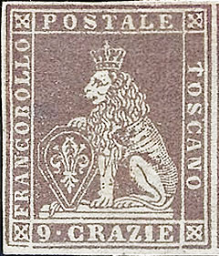 1857 - Marzocco, filigrana rr poste toscane - 9 crazie