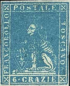 Aprile 1851 - Marzocco, filigrana corone granducali - 6 crazie