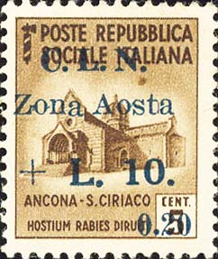 Serie monumenti distrutti sovrastampata C.L.N. Zona Aosta - Chiesa di san Ciriaco, ad Ancona