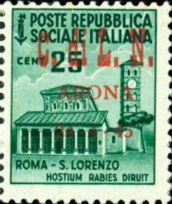 Serie monumenti distrutti sovrastampata C. di L.N. ARONA 24 - 4 - 45 - Basilica di san Lorenzo, a Roma, sovrastampa rossa