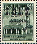 Serie monumenti distrutti sovrastampata C. di L.N. ARONA 24 - 4 - 45 - Basilica di san Lorenzo, a Roma, sovrastampa nera