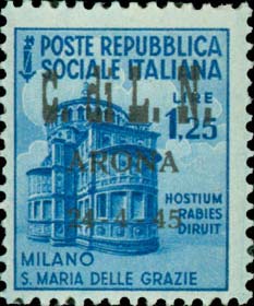 Serie monumenti distrutti sovrastampata C. di L.N. ARONA 24 - 4 - 45 - Chiesa di santa Maria delle Grazie, a Milano, sovrastampa nera