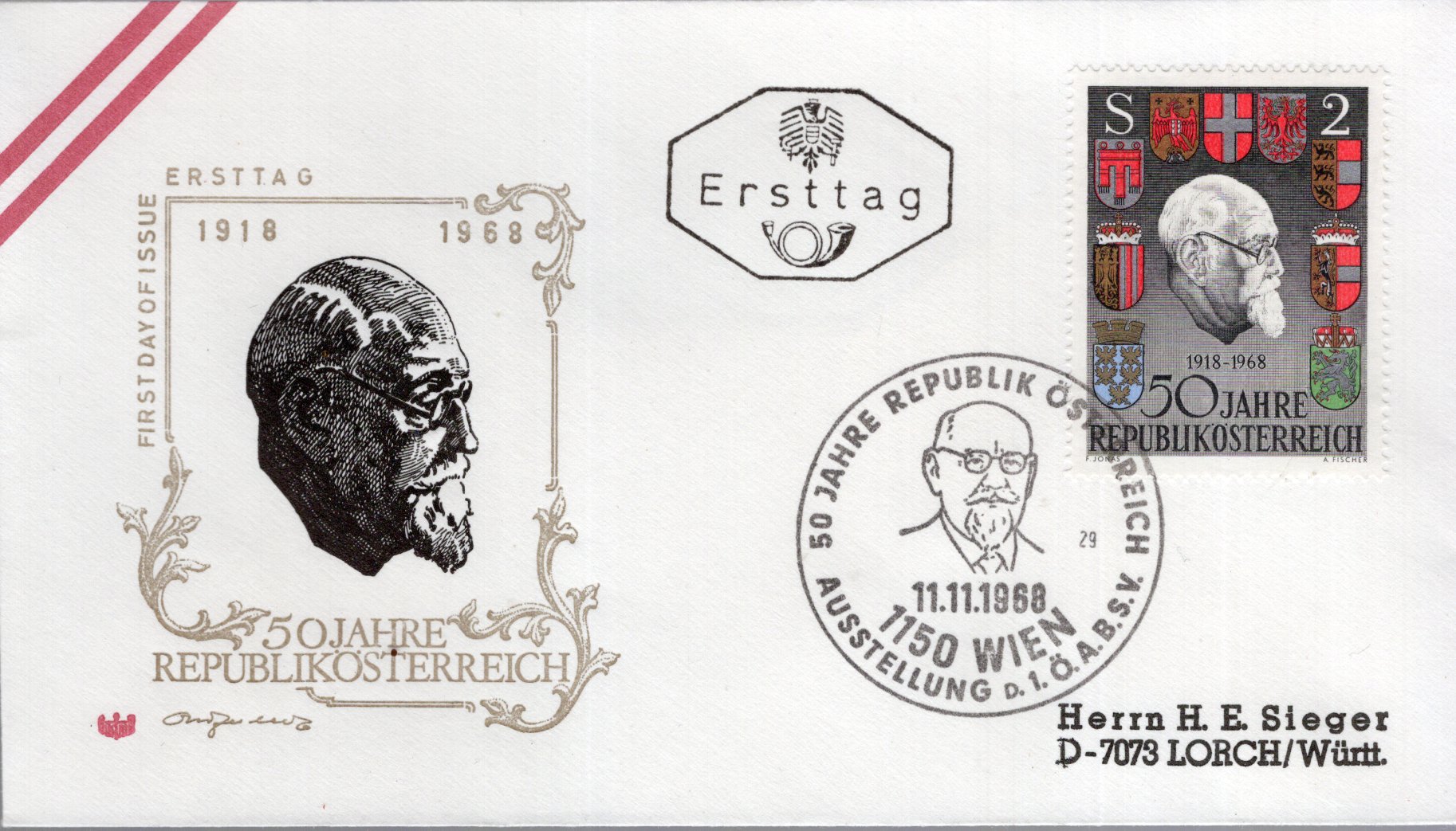 50 Jahre Republik Österreich mit Portrait des Bundespräsidenten Karl Renner
