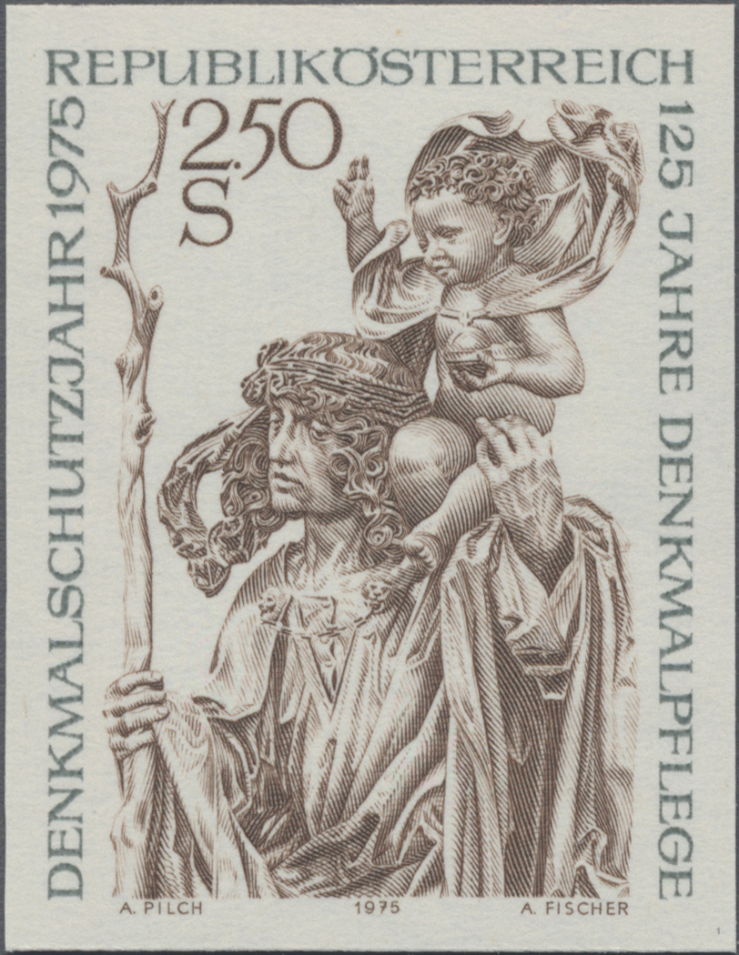 1975, 2, 50 S, Europäisches Denkmalschutzjahr, 125 Jahre Denkmalpflege in Österreich, Abbildung: Hl. Christophorus mit Jesuskind (Figur vom Flügelaltar der Pfarrkirche zu Kefermarkt)