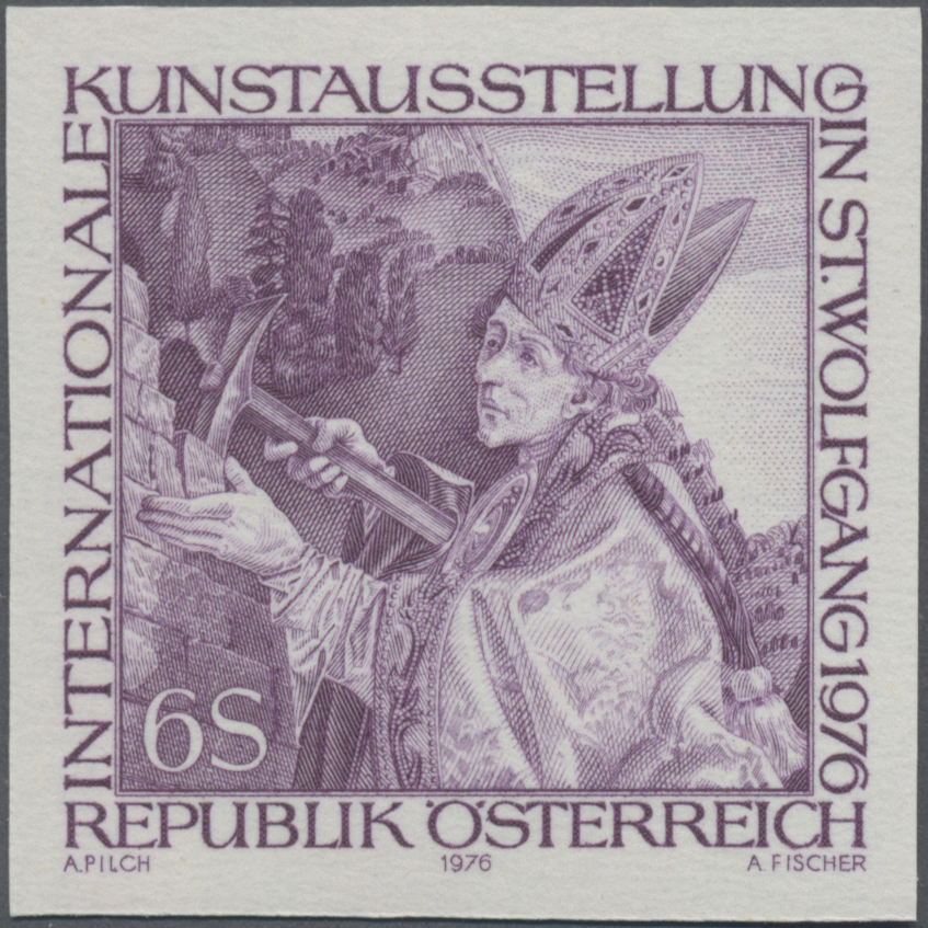 1976, 6 S, Internationale Kunstausstellung St. Wolfgang, Abbildung: Der hl. Wolfgang baut die Kirche von St. Wolfgang, Gemäldedetail von Michael Pacher