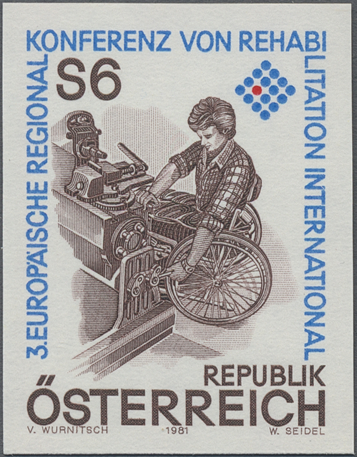 1981, 6 S, 3. Europäische Regionalkonferenz von Rehabilitation International, Motiv: Rollstuhlfahrer an einer Werkzeugmaschine