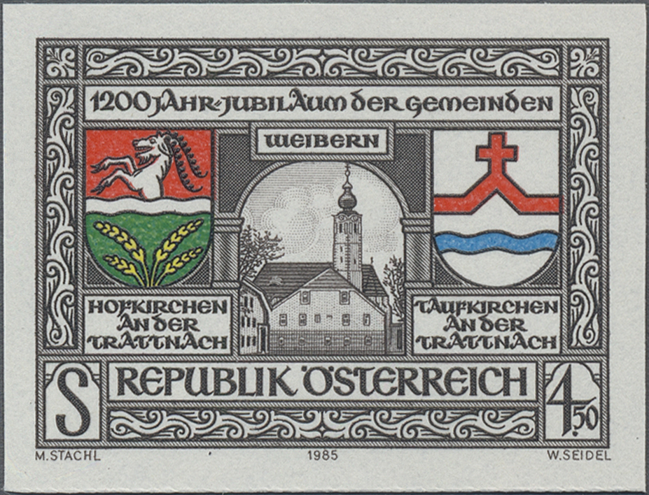 1985, 4, 50 S, 1200 Jahre Hofkirchen an der Trattnach, Weibern und Taufkirchen an der Trattnach, Abbildung: Gemeindewappen von Hofkirchen und Taufkirchen sowie Kirche von Weibern