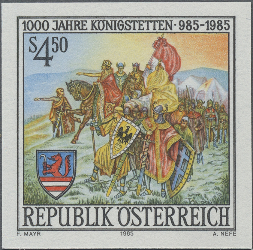 1985, 4, 50 S, 1000 Jahre Marktgemeinde Königstetten, Abbildung: Sagenhafte Gründung Königstettens durch Kaiser Karl den Großen, Gemälde von August Stephan (1868 - 1936)