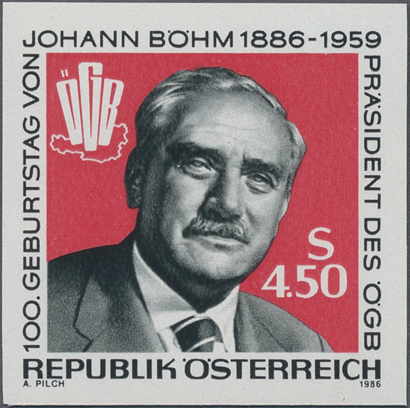 1986, 4, 50 S, 100. Geburtstag von Johann Böhm (1886 - 1959), Präsident des Österreichischen Gewerkschaftsbundes (ÖGB)