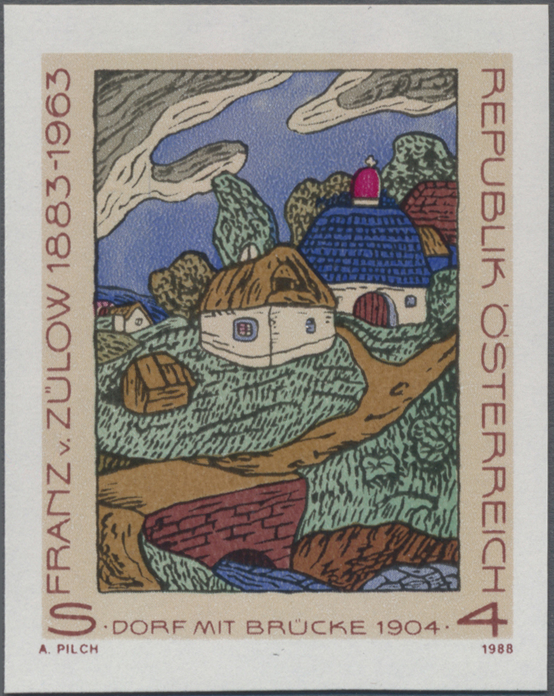 1988, 4 S, 25. Todestag von Franz von Zülow - Maler (1883 - 1963), Abbildung: Dorf mit Brücke