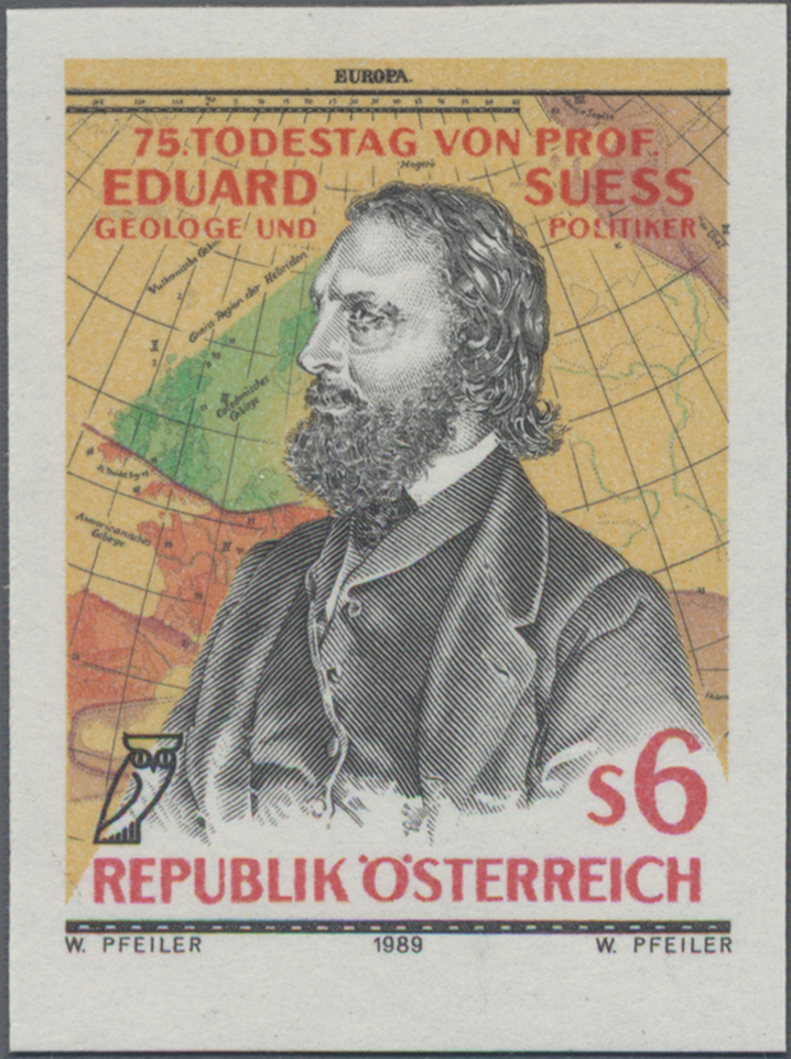 1989, 6 S, 75. Todestag von Eduard Suess, Geologe, Politiker, Abbildung: geologische Landkarte