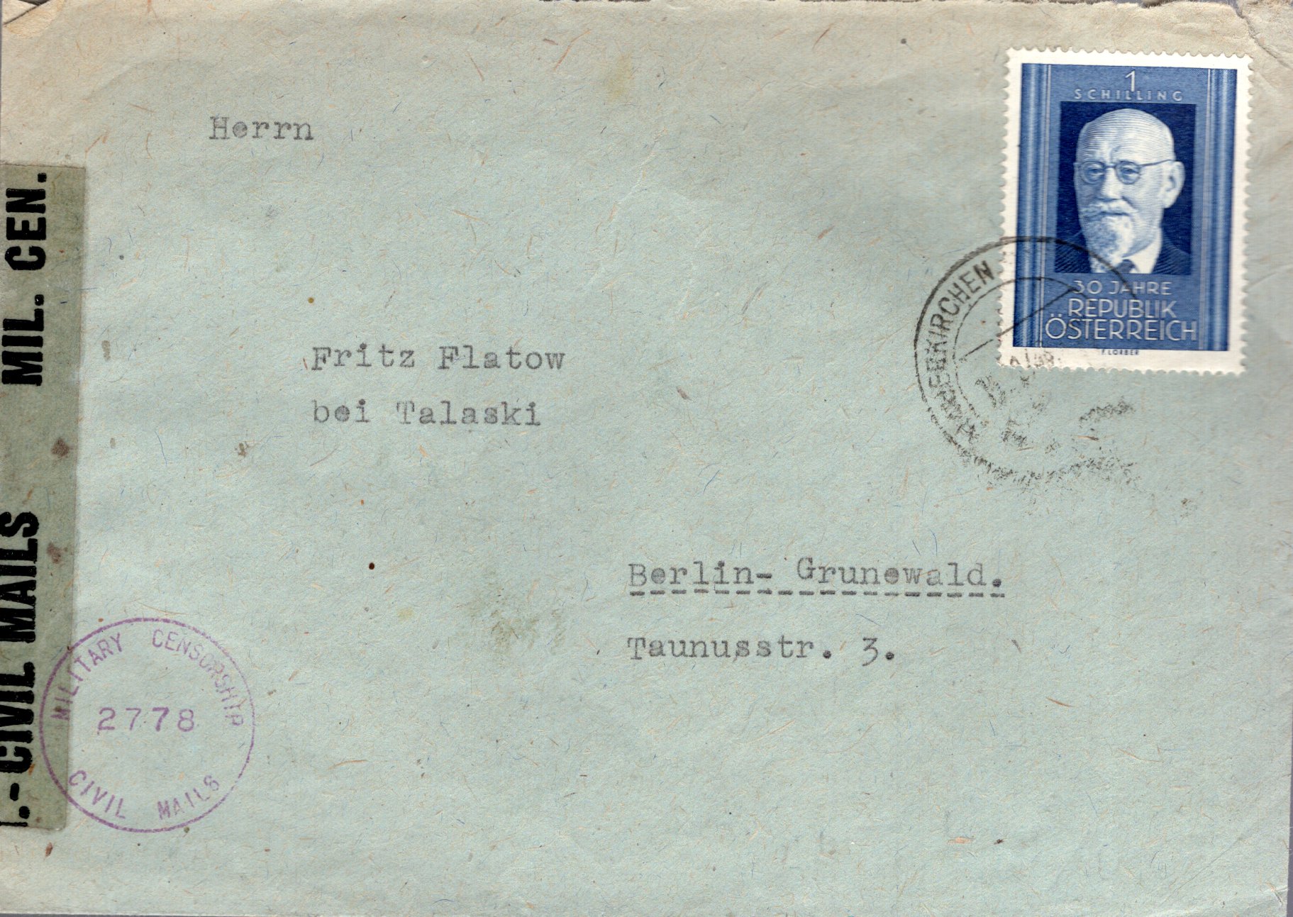 30 Jahre Republik Österreich mit Portrait des Bundespräsidenten Karl Renner auf zensiertem Bedarfsbrief nach Berlin.
