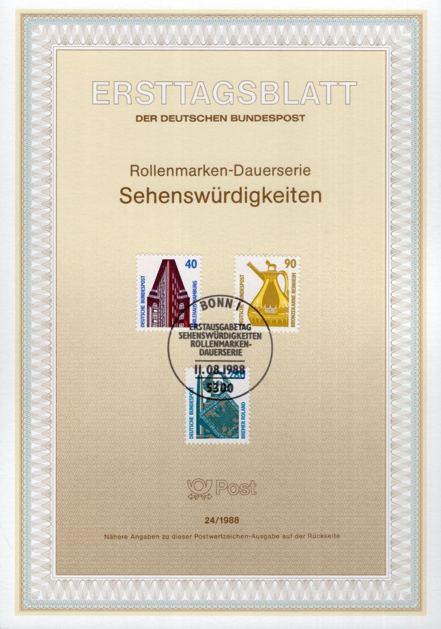 Dauerserie Sehenswürdigkeiten - Chilehaus Hamburg - Bronzekanne Reinheim - Bremer Roland