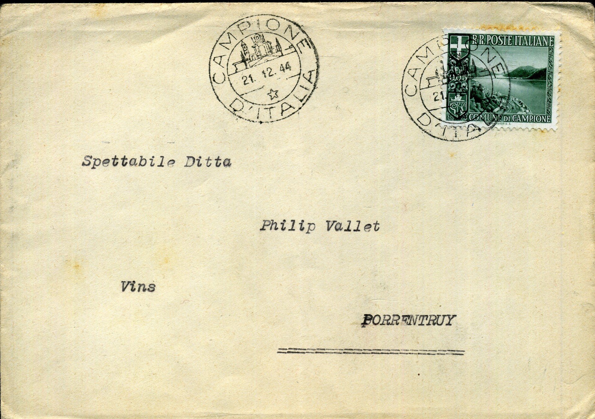 Brief aus Campione D'Italia vom 21.12.44 nach Pruntrut im schweizerischen Kanton Jura