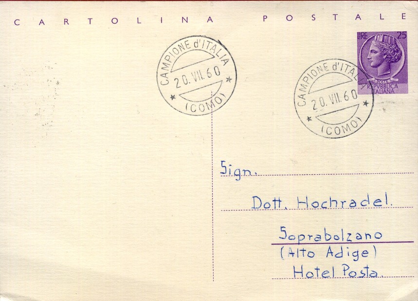 Ganzsachenpostkarte vom 20. August 1960 aus Campione D'Italia nach Südtirol.