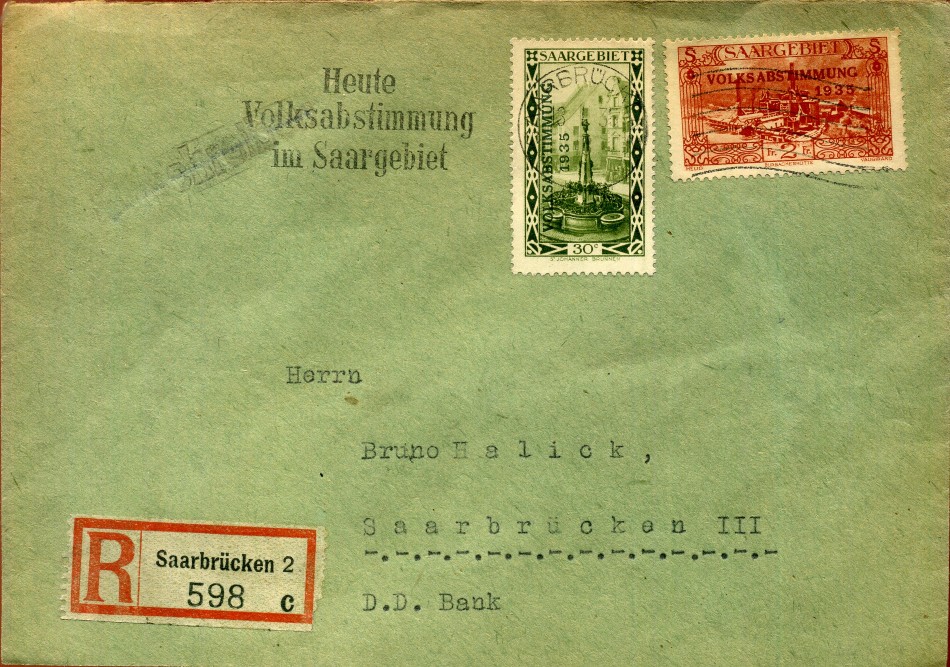 Saarländische Marke mit passendem Maschinensonderstempel zur Volksabstimmung im Saarland 1935. (Sammlung St. Jürgens)
