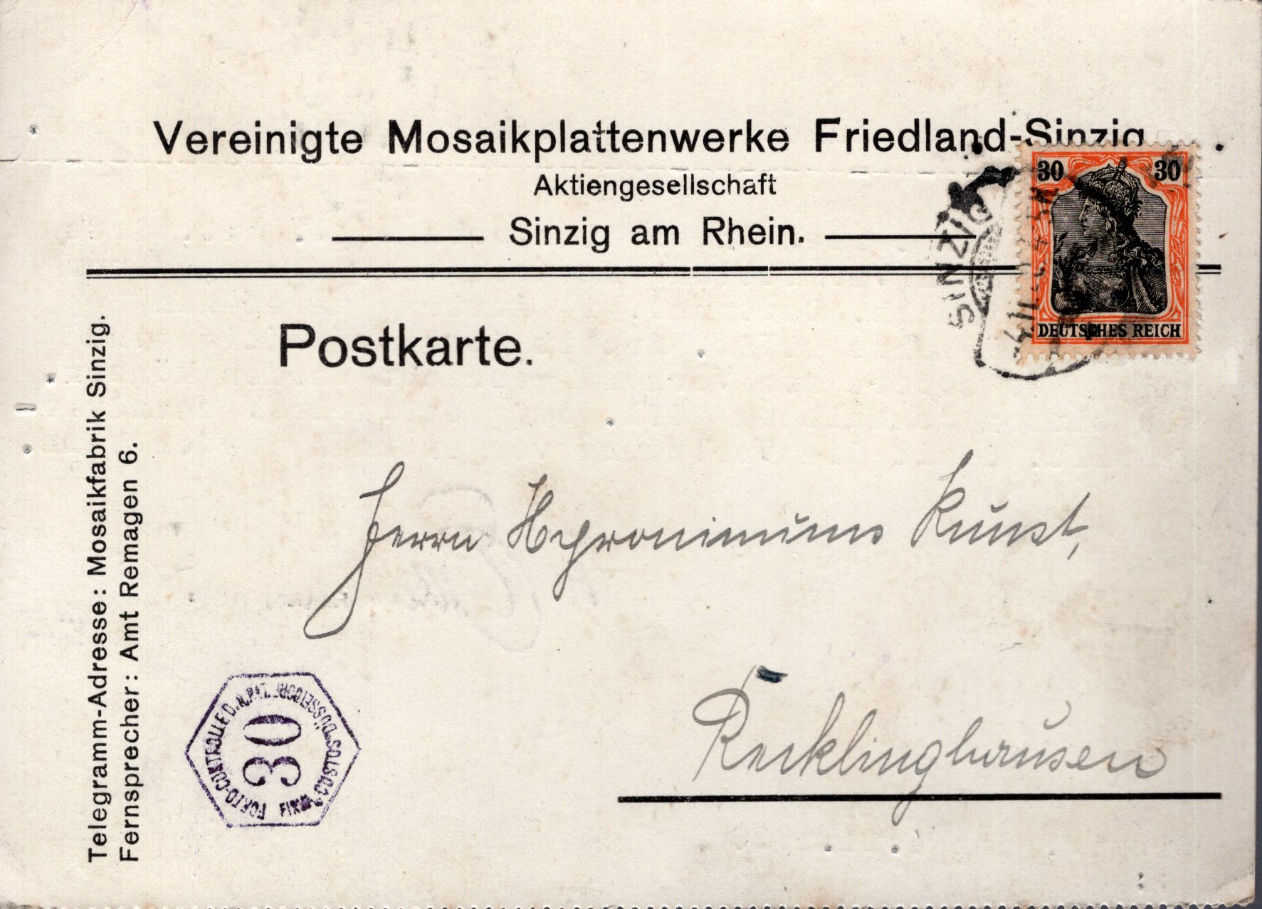 Kontrolstempel einer CUSTOS Portokontrollkasse auf 30 Pfg Germania Postkarte