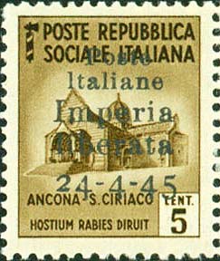 Serie monumenti distrutti sovrastampata Poste italiane Imperia liberata 24 - 4 - 45 - Chiesa di san Ciriaco, ad Ancona