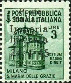 Serie monumenti distrutti sovrastampata Poste italiane Imperia liberata 24 - 4 - 45 - Chiesa di santa Maria delle Grazie, a Milano