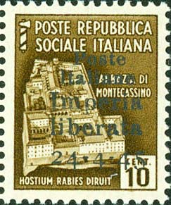 Serie monumenti distrutti sovrastampata Poste italiane Imperia liberata 24 - 4 - 45 - Abbazia di Montecassino