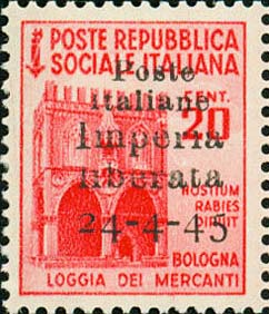 Serie monumenti distrutti sovrastampata Poste italiane Imperia liberata 24 - 4 - 45 - Loggia dei mercanti, a Bologna