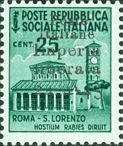 Serie monumenti distrutti sovrastampata Poste italiane Imperia liberata 24 - 4 - 45 - Basilica di san Lorenzo, a Roma