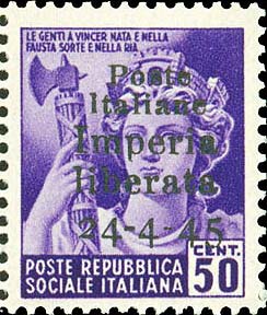 Serie monumenti distrutti sovrastampata Poste italiane Imperia liberata 24 - 4 - 45 - Italia repubblicana fascista