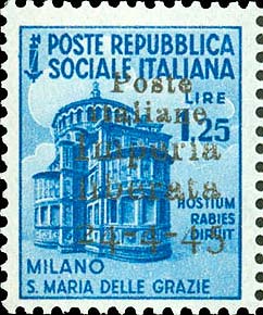 Serie monumenti distrutti sovrastampata Poste italiane Imperia liberata 24 - 4 - 45 - Chiesa di santa Maria delle Grazie, a Milano