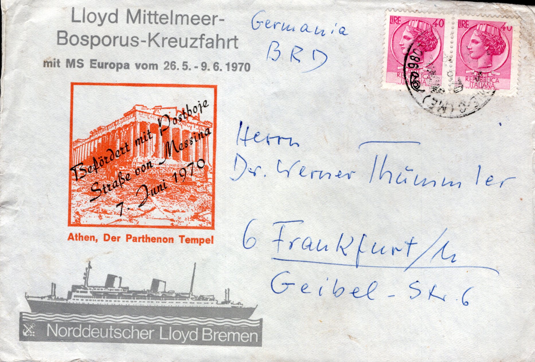 Deutschsprachiger Postbojenbeleg aus der Strasse von Messina