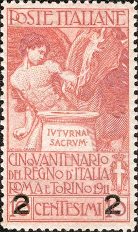 50. Jahrestag des Königreichs Italien, mit Aufdruck - Ein Mann führt ein Pferd zur Juturna - Quelle