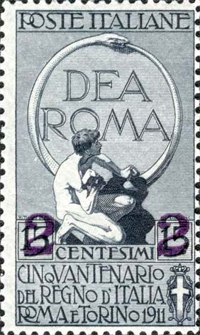 50. Jahrestag des Königreichs Italien, mit Aufdruck - Ein Mann führt ein Pferd zur Juturna - Quelle