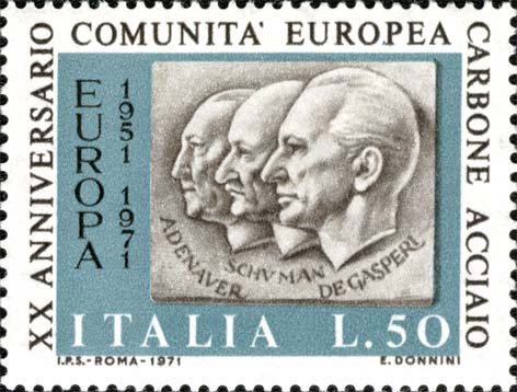 Ventennale della C.E.C.A. - Profili di Adenauer, Schuman e de Gasperi