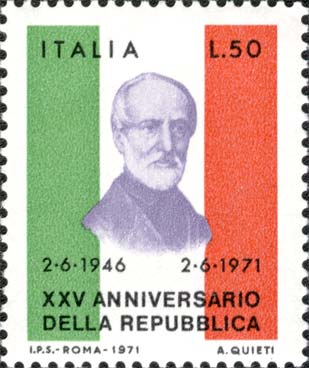 25° anniversario della repubblica - Ritratto di Giuseppe Mazzini e tricolore